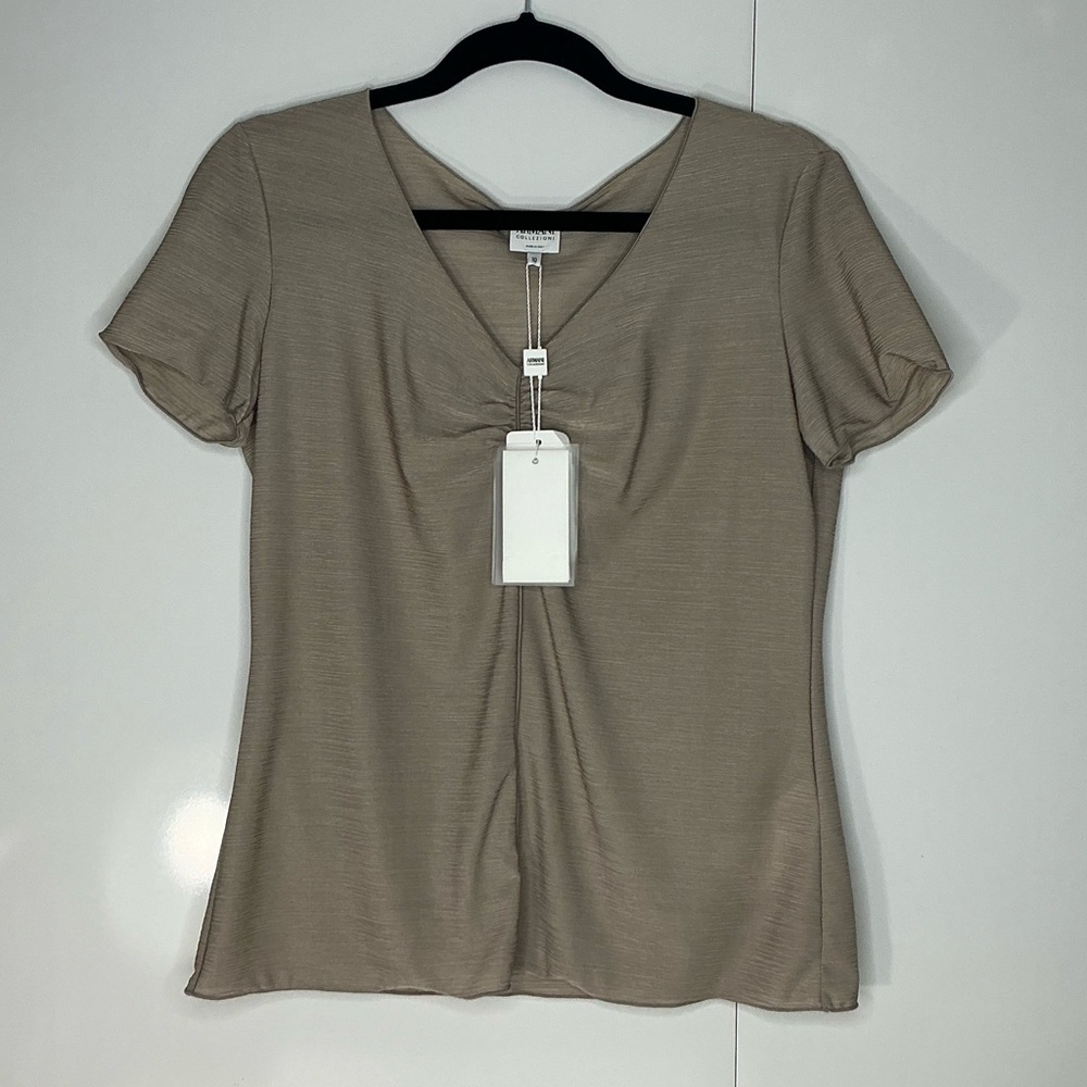 NEW Armani Collezioni Size 10 Beige Stretch V Neck Shirt